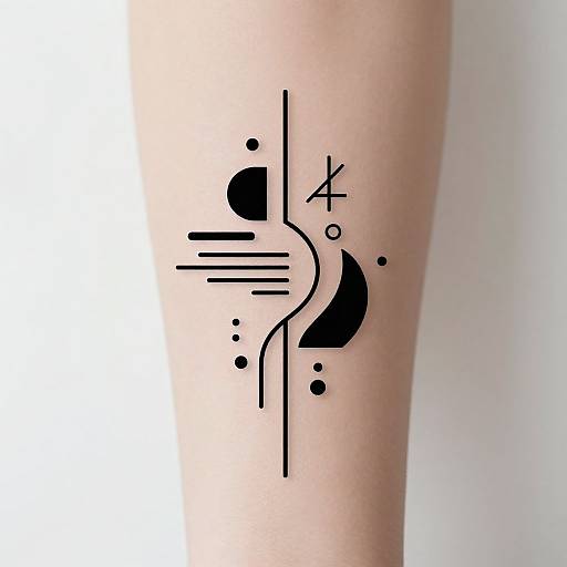 Minimalist black geometric tattoo on pale skin, featuring abstract lines, circles, and a curve with 
