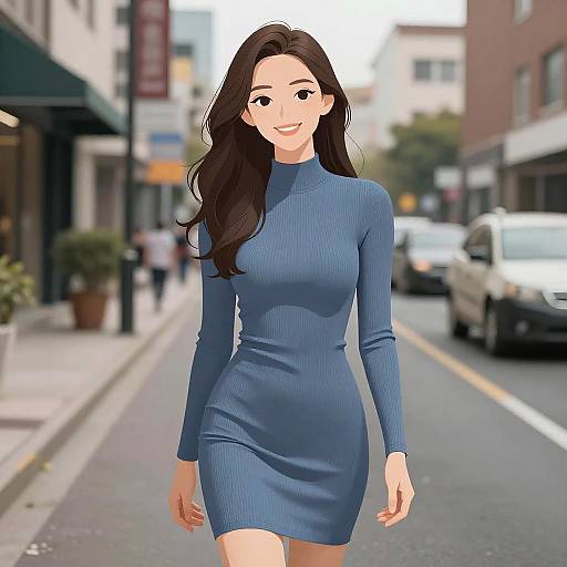 Digital drawing of a smiling woman with long brown hair, wearing a tight, blue ribbed, long-sleeve dress, walking down a urban street