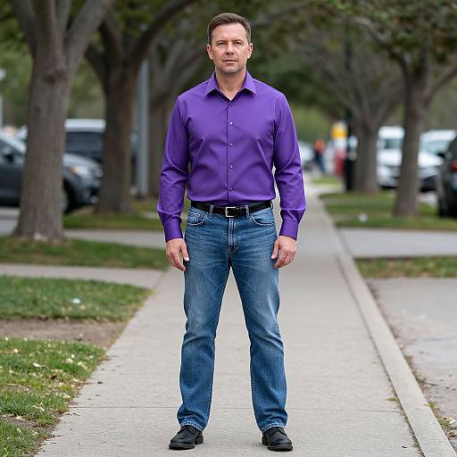 Photograph of a tall, muscular man with short brown hair, wearing a purple button-up shirt, blue jeans, black belt, and black shoes,