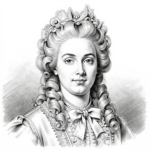 Black-and-white ink drawing of an 18th-century woman with curly hair, detailed lace dress, and ribboned headpiece, facing forward.