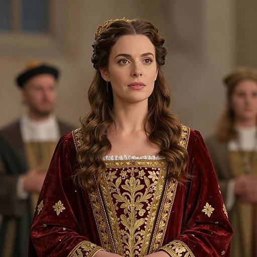 Photograph of a young woman with long brown hair, wearing an ornate, gold-embroidered, deep red Renaissance gown, standing in a