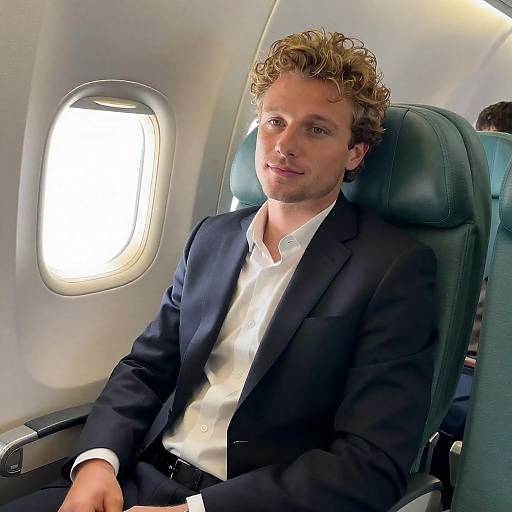 Man in Suit Seated on Airplane