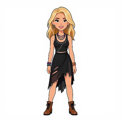 Cartoon blonde woman with long hair, black fringe dress, brown boots, multiple bracelets, and earrings, standing confidently against a white background.