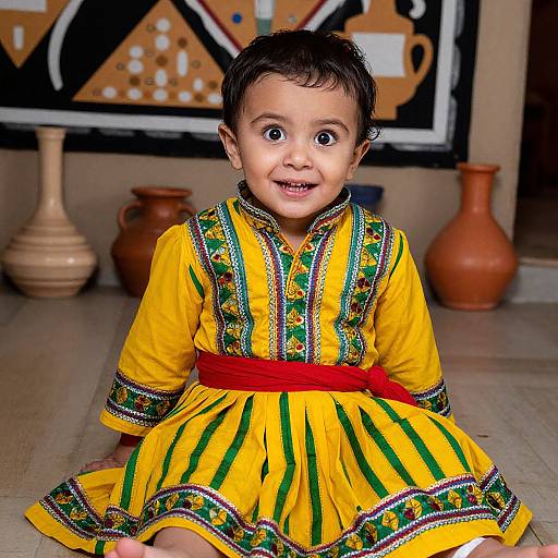 Photograph of a young child with curly black hair, wide eyes, and a smile, wearing a vibrant yellow dress with green and red embroidery, sitting