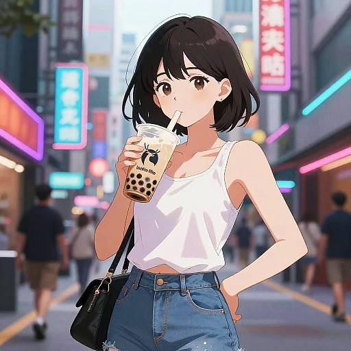 Anime Girl Enjoying Bubble Tea Outdoors