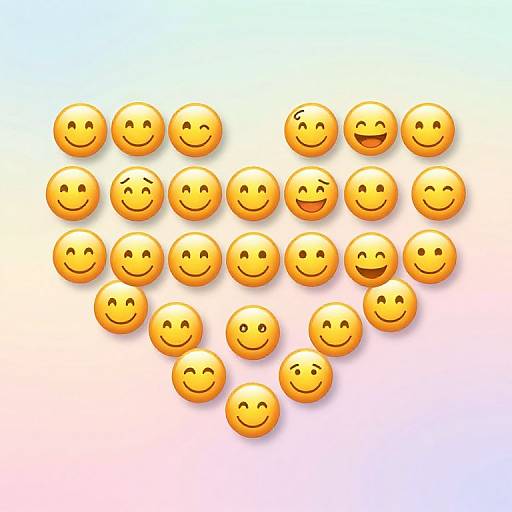 Grid of 16 yellow smiley emojis with various expressions, forming a heart shape, against a gradient blue to pink background.