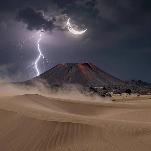 Photograph of a volcanic mountain at night, illuminated by a bright crescent moon and jagged lightning bolt, with a misty desert foreground.