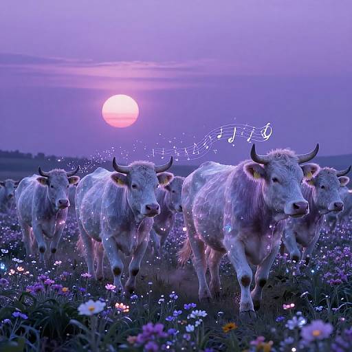 Photograph of white cows with glowing horns and musical notes, walking through a purple-lit field of flowers at sunset.