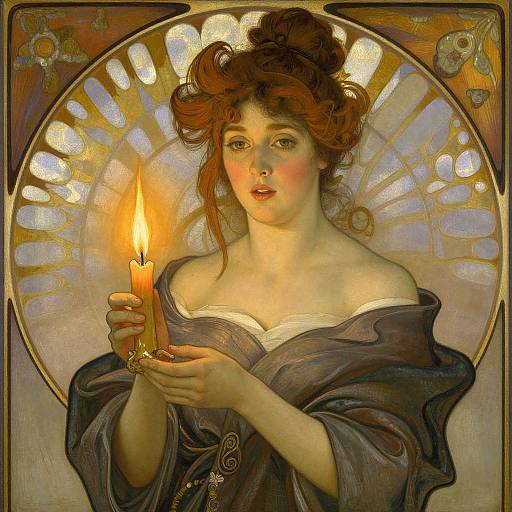 Illustration of a fair-skinned woman with curly auburn hair, holding a burning candle, wearing a loose gray robe, set against a stained