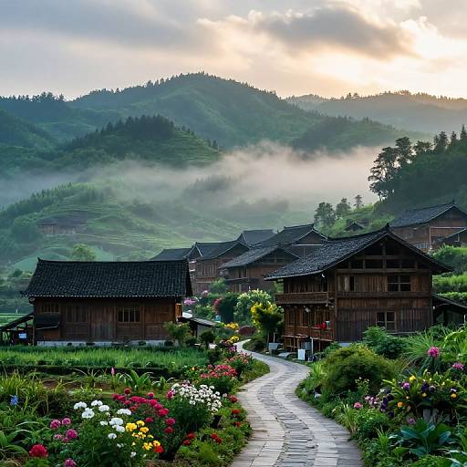 Photograph of a misty, mountainous village at sunrise with traditional wooden houses, a winding stone path, and vibrant flower gardens in the foreground.