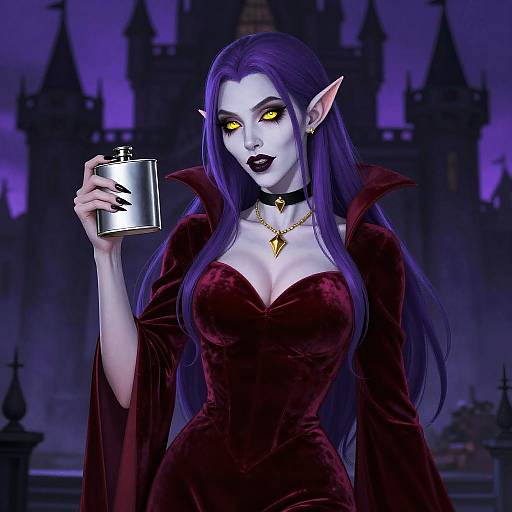 Digital fantasy artwork of a purple-skinned, long-haired vampire woman with glowing yellow eyes, wearing a dark red velvet dress, holding a flask, in