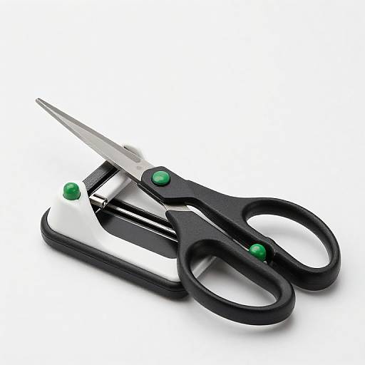 Photograph of black plastic-handled scissors with green button accents, open and angled slightly, on a white background.