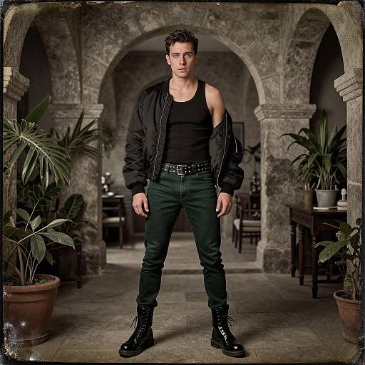 Photograph of a muscular, fair-skinned man with short brown hair, wearing a black tank top, jacket, green pants, and black boots,