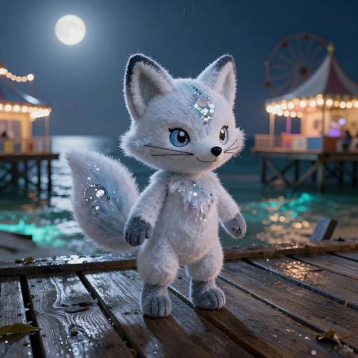 Hand-stitched Ice Fox Plush on Seaside Pier at Night