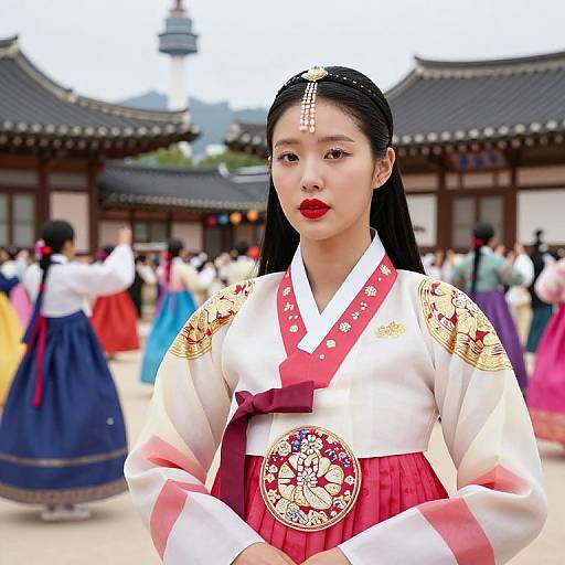Confident Korean Woman in Festive Hanbok