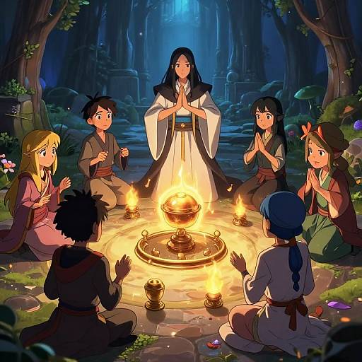 Anime-style illustration of six characters, including a central female figure in white robes, praying around a glowing campfire in a forest at night.