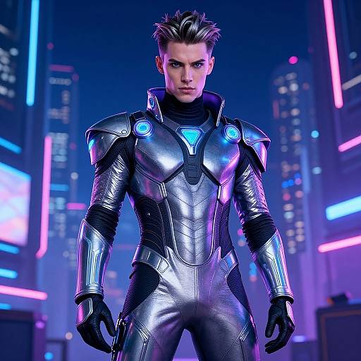 CGI image of a muscular, stern-faced man in a futuristic, silver and black armored suit with glowing blue accents, standing in a neon-lit