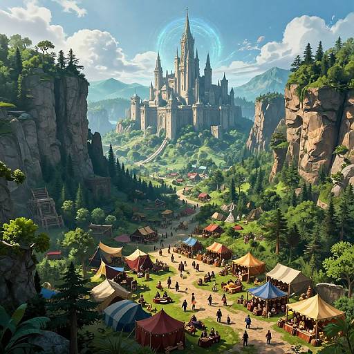 Digital fantasy artwork of a bustling medieval fair at a mountainous village, with colorful tents, crowds, and a majestic castle under a glowing blue ring in