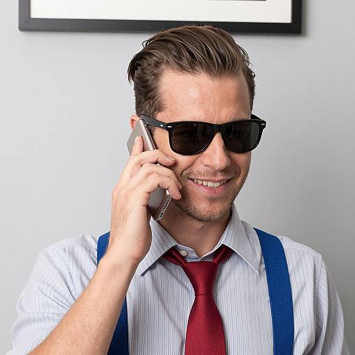 Stylish Man with Flip Phone and Suspenders
