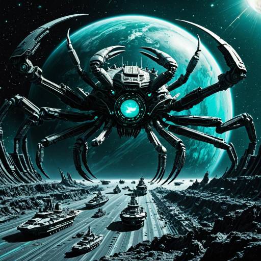 Space Battle with Crab-Like Warship and Ringed Turquoise Planet