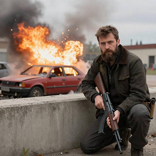 Bearded Man With Rifle Amid Explosions