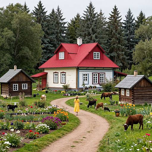 Photograph of a colorful rural scene: red-roofed farmhouse, surrounded by flower-filled gardens, dirt path, yellow dress-wearing woman, and