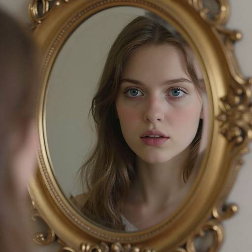 Photograph of a young woman with blue eyes and fair skin, reflected in an ornate, gold-framed oval mirror, with a soft, contempl