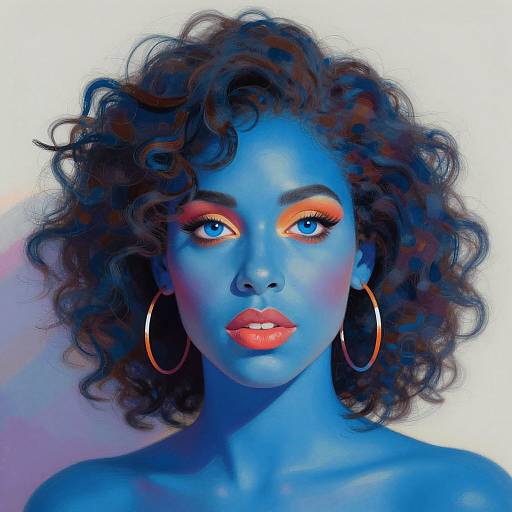 Digital portrait of a blue-skinned woman with curly black hair, bright orange eyeshadow, red lips, and large gold hoop earrings.