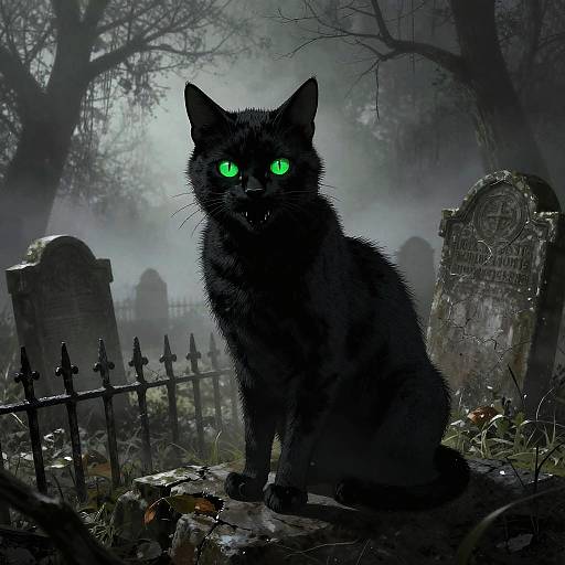Photograph-style digital artwork of a black cat with glowing green eyes sitting on a grave in a foggy, haunted cemetery.