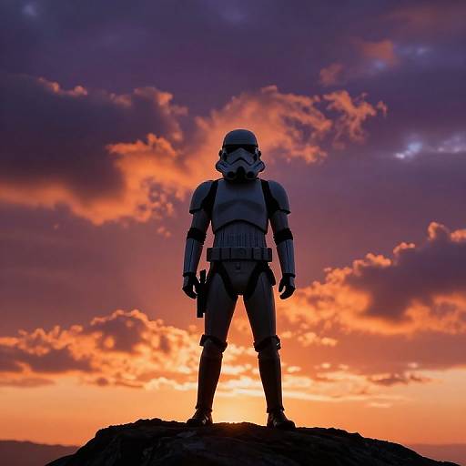 Silhouetted Stormtrooper stands on rocky hill against vibrant, orange-purple sunset sky with dramatic clouds. Digital art, sci-fi, dramatic lighting