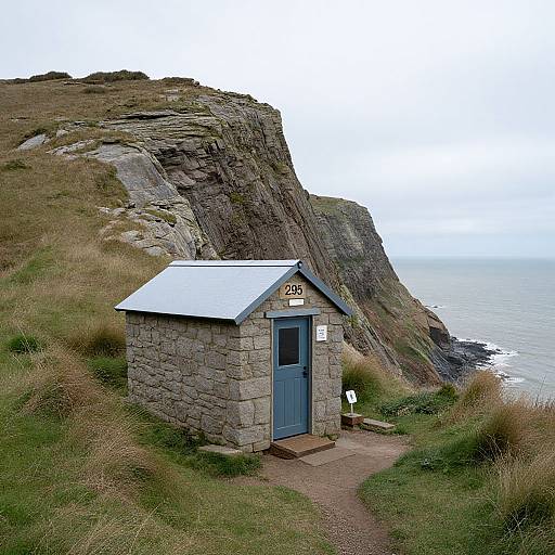 Photograph of a small stone hut with a blue door on a grassy cliff path, overlooking a rocky coastline and ocean.