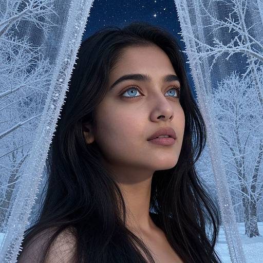 Photorealistic portrait of a young woman with long black hair, blue eyes, and fair skin, gazing upwards through frosty, snow-covered tree