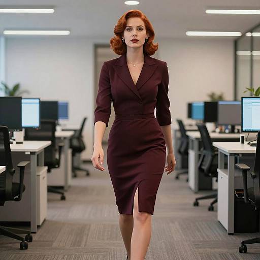 Redhead Executive in Burgundy Midi Dress