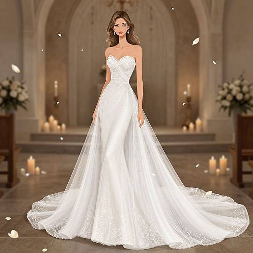 Photograph of a beautiful woman in a strapless, white, lace wedding gown with a long train, standing in a dimly lit church adorned with