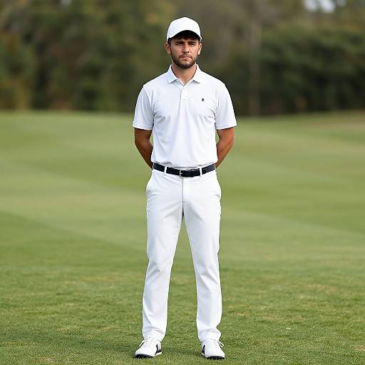 Photograph of a bearded man in a white golf outfit, cap, and belt, standing on a green golf course with trees in the background.