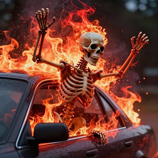 Photograph of a burning skeleton with outstretched arms emerging from a black car, flames engulfing its skeletal frame, water droplets on the car