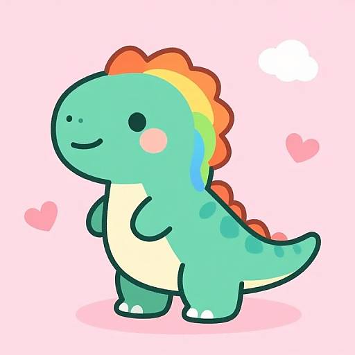 Cute digital drawing of a chibi-style, green dinosaur with rainbow spines, pink cheeks, and a yellow belly. Pink hearts and white spark
