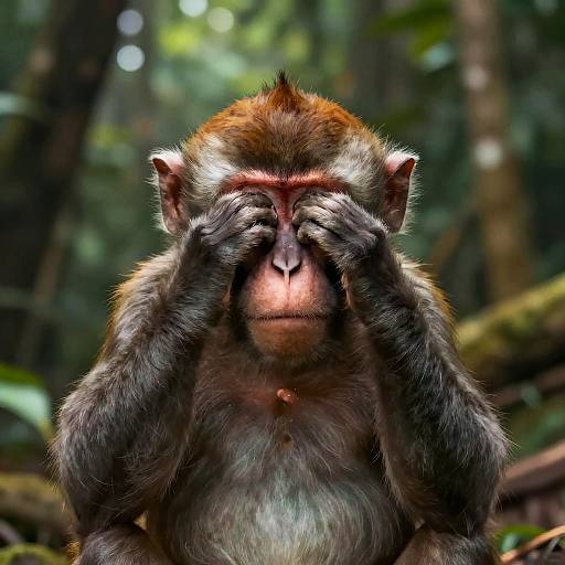 Photograph of a curious monkey with reddish-brown fur and dark hands covering its face, standing in a lush, green forest.