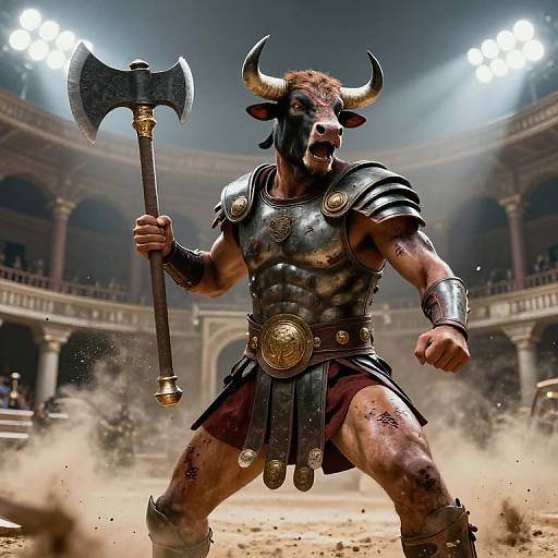Digital artwork of a muscular, minotaur warrior with horns, wearing metallic armor, holding a large axe, in a dusty, illuminated arena.