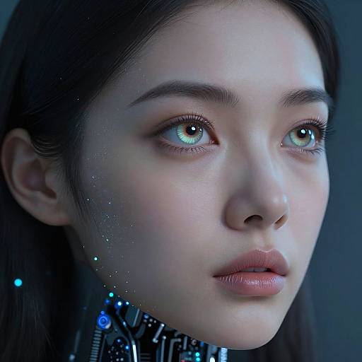 Digital portrait of a young woman with glowing green eyes, pale skin, and cybernetic neck collar, illuminated in blue light.