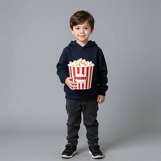 Photograph of a young boy with dark brown hair, wearing a black hoodie, black jeans, and black sneakers, holding a red-striped popcorn bucket,