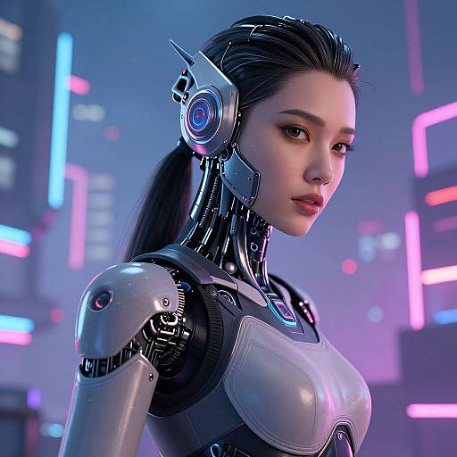 CGI image of a beautiful, cybernetic Asian woman with sleek, black hair, wearing a futuristic, silver and black robotic suit, set against