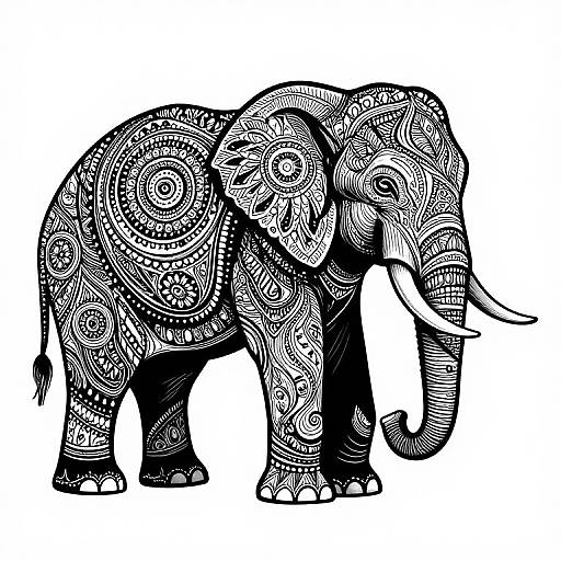 Black and white intricate henna-style tattoo pattern on an elephant, featuring circular and linear designs covering its body. Digital drawing.