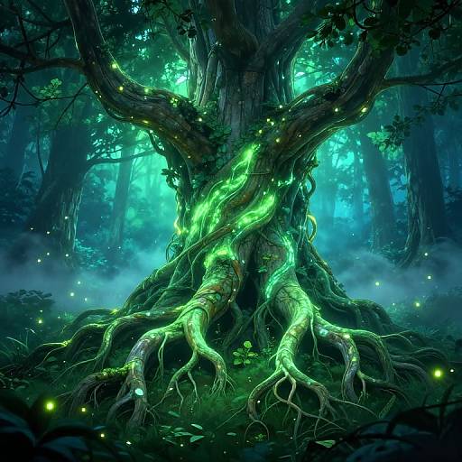 Digital artwork of a glowing, enchanted tree with green bioluminescent vines, surrounded by ethereal fireflies in a mystical forest.