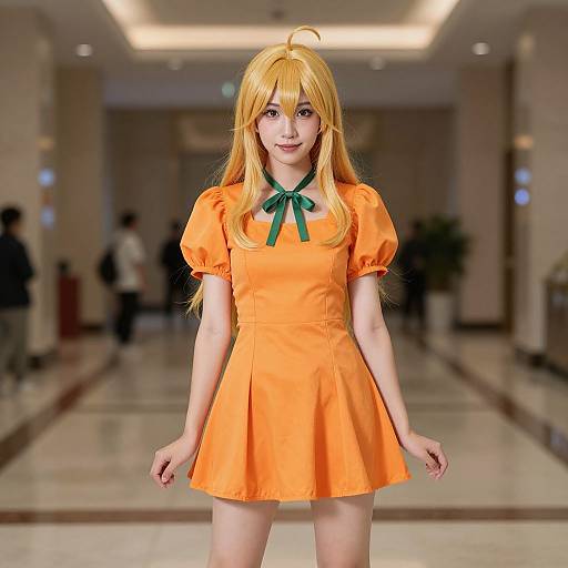 Photograph of a young woman with long blonde hair, wearing an orange dress with green bow, standing in a brightly lit, marble-floored hallway