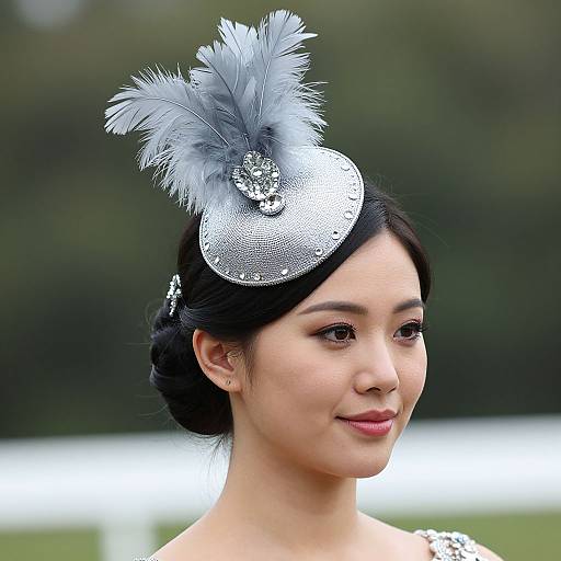 Photograph of an Asian woman with fair skin, dark hair in an updo, wearing a silver, sequined hat with blue feathers, and a