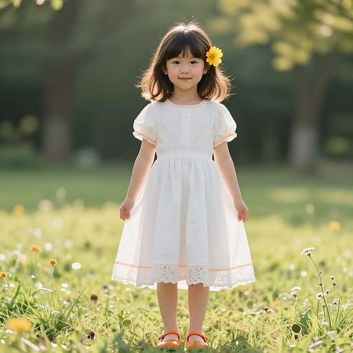 Photograph of a cute, young Asian girl with straight black hair, wearing a white dress, yellow flower hair clip, and orange sandals, standing in