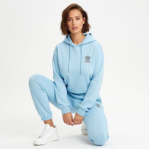 Photograph of a brown-haired woman in light blue hoodie and pants, squatting, wearing white sneakers, against a white background.