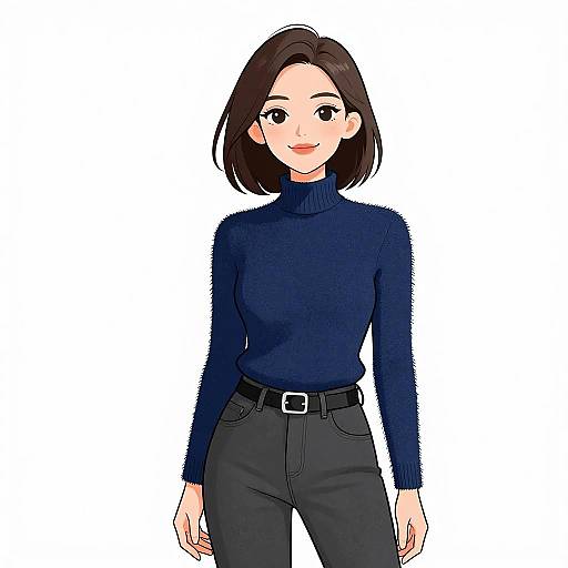 Digital anime-style drawing of a smiling woman with short black hair, wearing a navy turtleneck and black high-waisted pants, white background.
