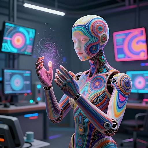 Digital art of a colorful, humanoid robot with neon patterns, hands raised, creating a glowing, swirling orb in a futuristic control room.